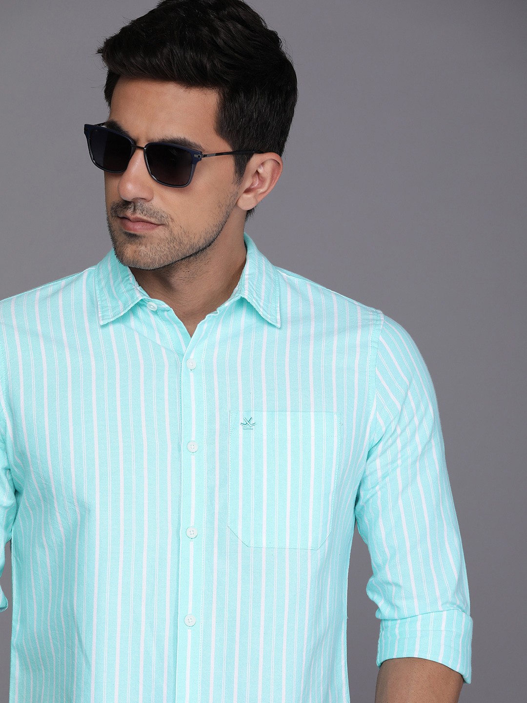 

WROGN Men Striped Slim Fit Pure Cotton Casual Shirt, Green