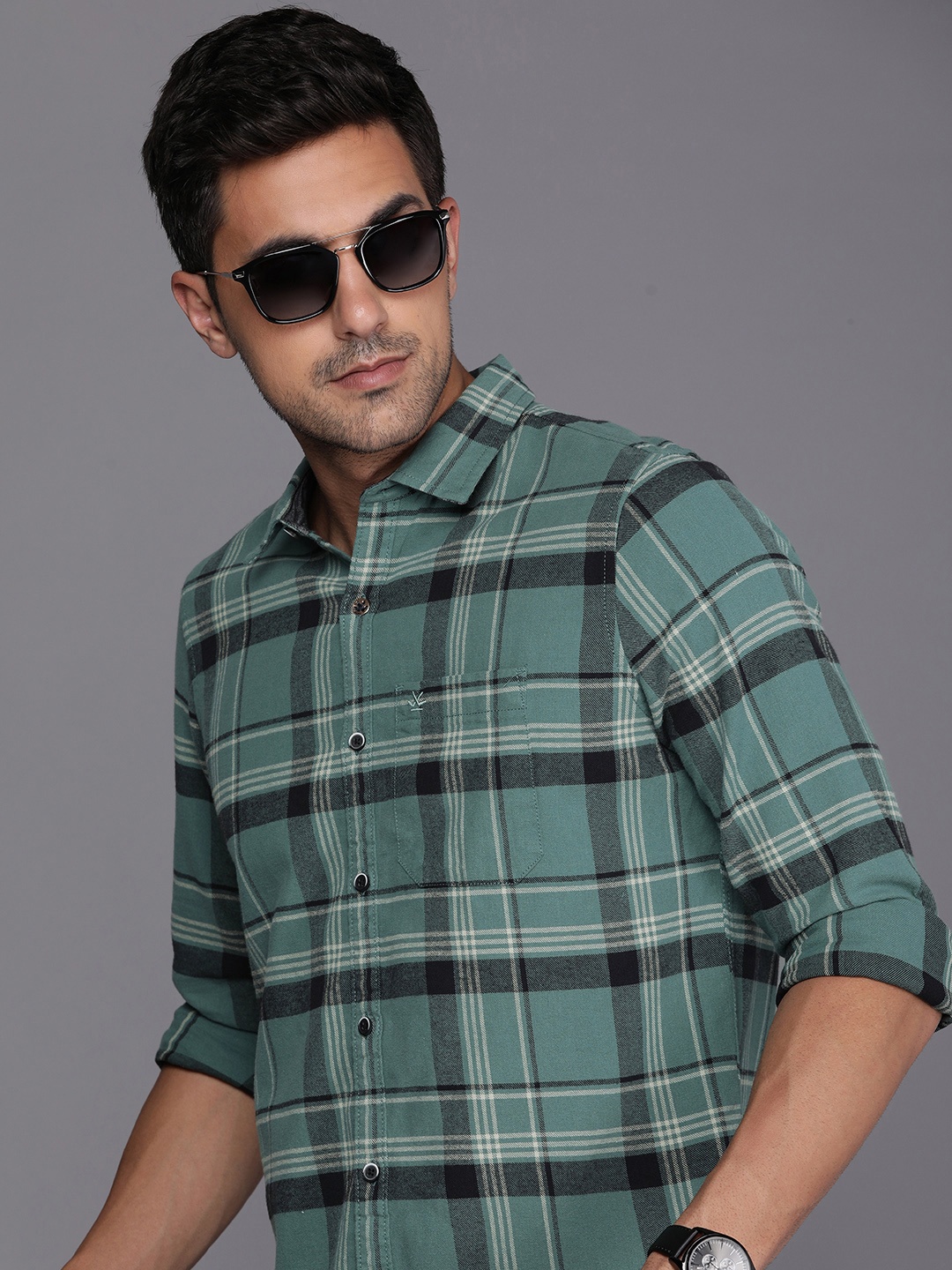 

WROGN Tartan Checked Slim Fit Pure Cotton Casual Shirt, Green