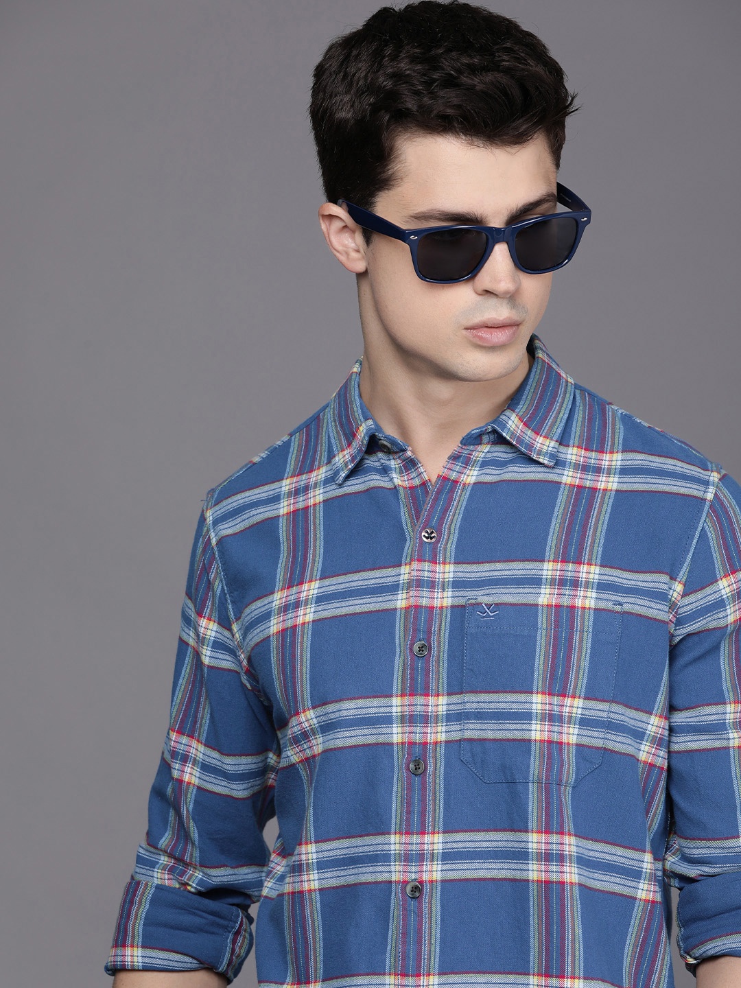 

WROGN Men Slim Fit Tartan Checked Pure Cotton Casual Shirt, Navy blue