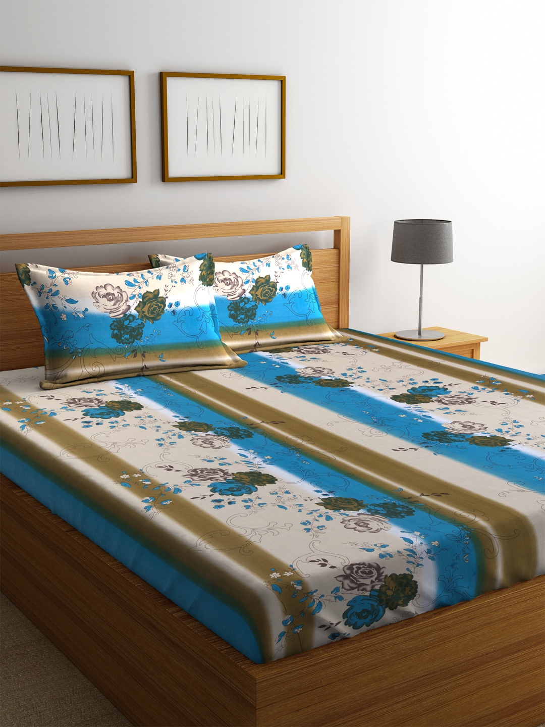 

Home Ecstasy Blue & Brown Cotton 144 TC Double Queen Bedsheet with 2 Pillow Covers