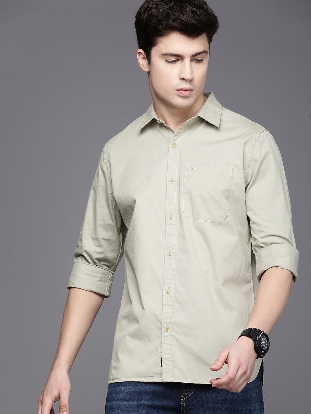 

WROGN Men Pure Cotton Slim Fit Solid Casual Shirt, Green