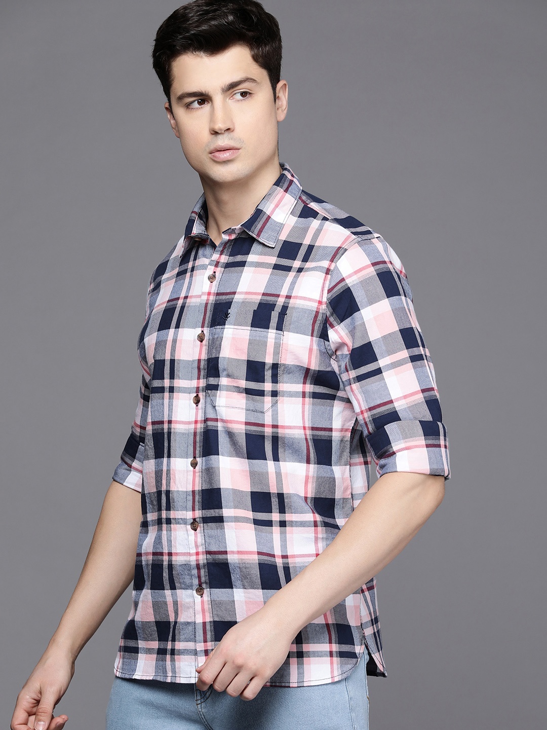 

WROGN Slim Fit Tartan Checked Pure Cotton Casual Shirt, Navy blue