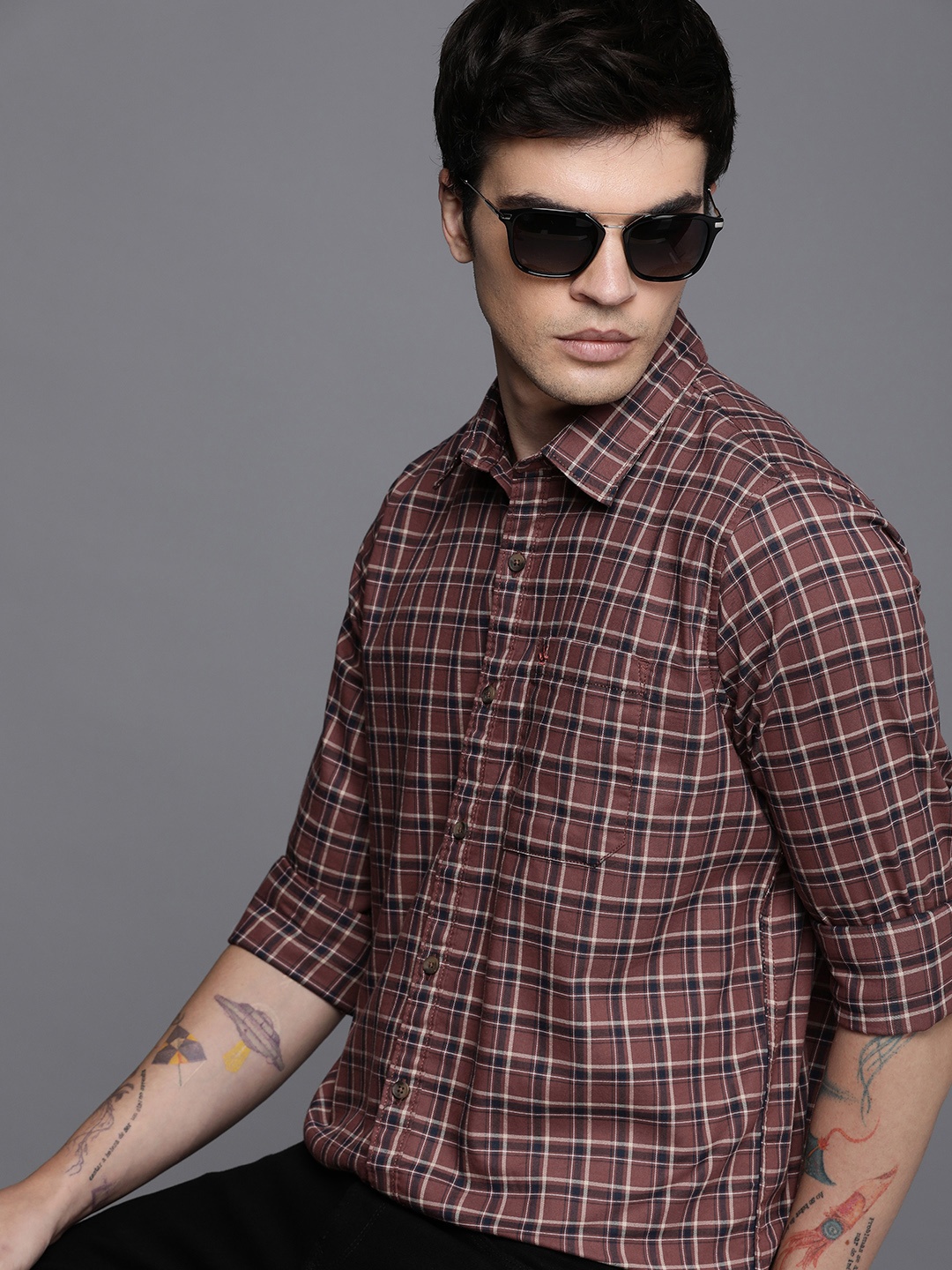 

WROGN Slim Fit Checked Pure Cotton Casual Shirt, Brown