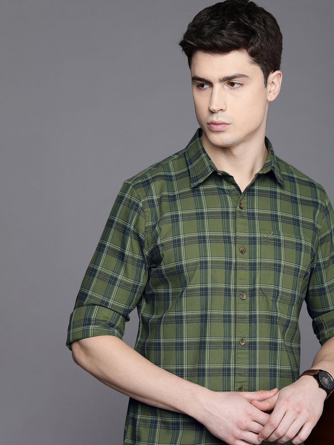 

WROGN Slim Fit Checked Casual Shirt, Olive