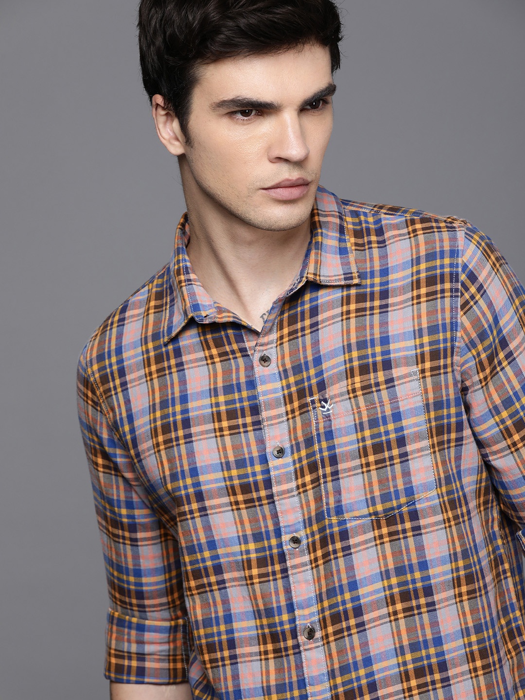 

WROGN Slim Fit Checked Pure Cotton Casual Shirt, Navy blue