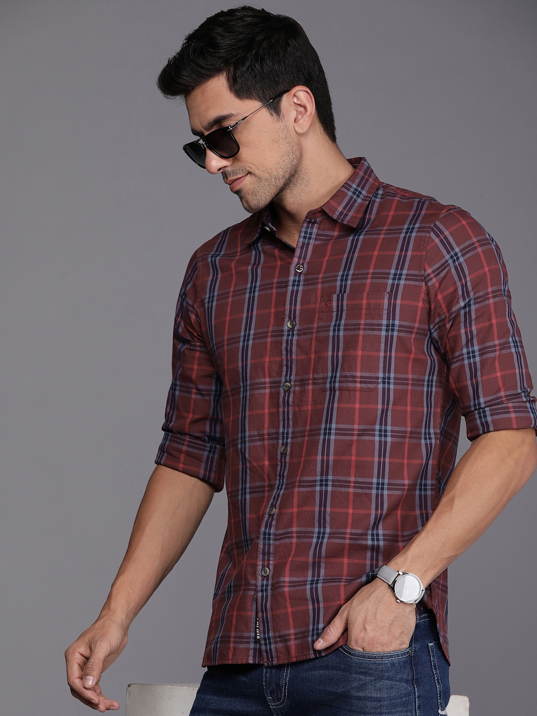 

WROGN Tartan Checked Pure Cotton Slim Fit Casual Shirt, Red