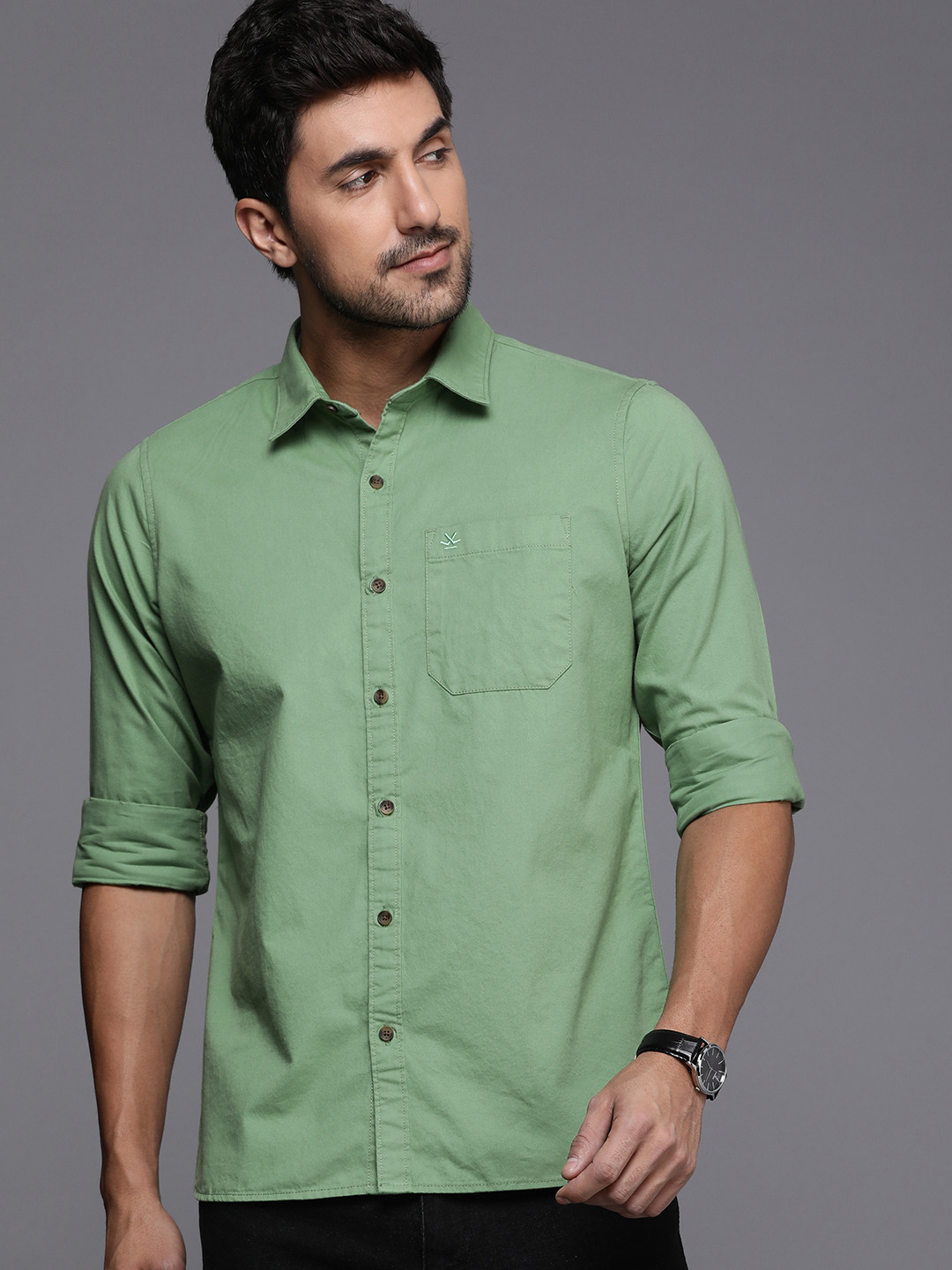 

WROGN Men Slim Fit Solid Opaque Pure Cotton Casual Shirt With Chest Pocket, Green