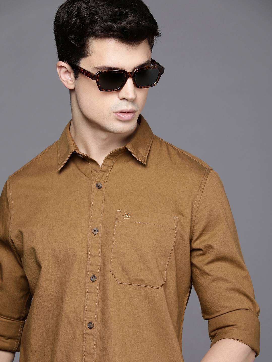 

WROGN Solid Slim Fit Pure Cotton Casual Shirt, Khaki