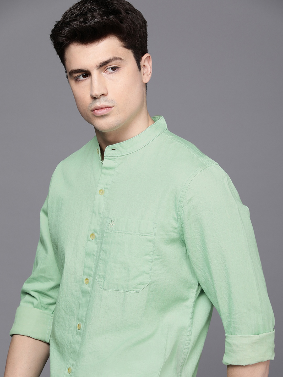

WROGN Band Collar Slim Fit Pure Cotton Casual Shirt, Green