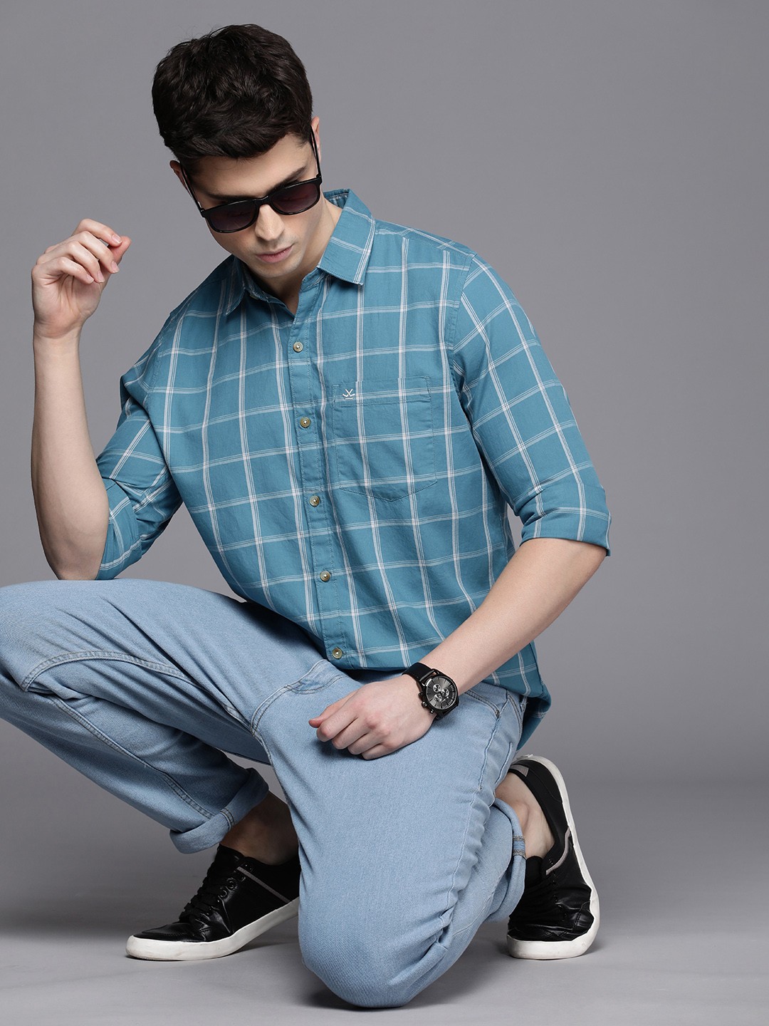 

WROGN Slim Fit Checked Pure Cotton Casual Shirt, Blue
