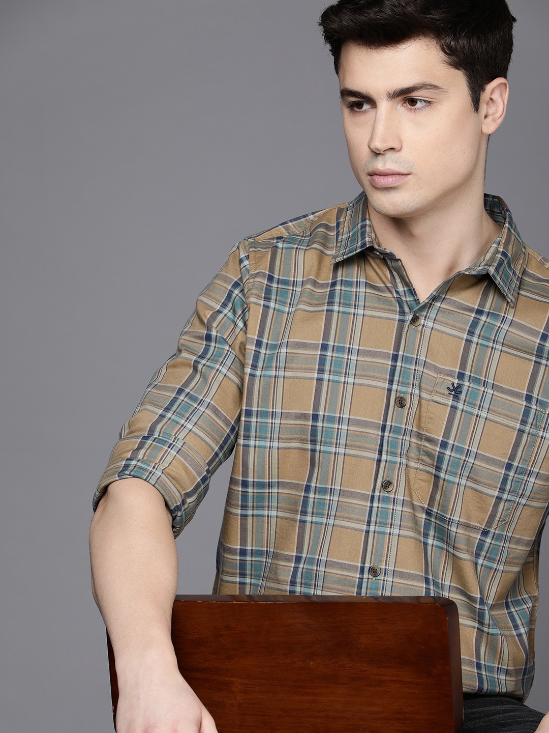 

WROGN Slim Fit Tartan Checked Casual Shirt, Beige