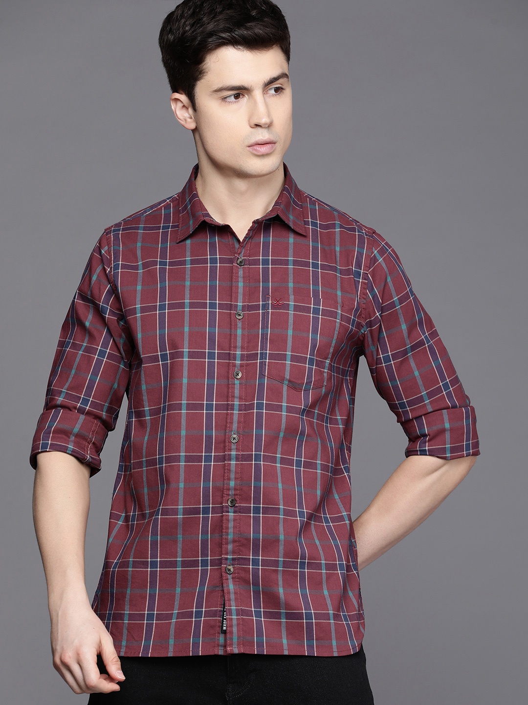 

WROGN Slim Fit Checked Casual Shirt, Maroon