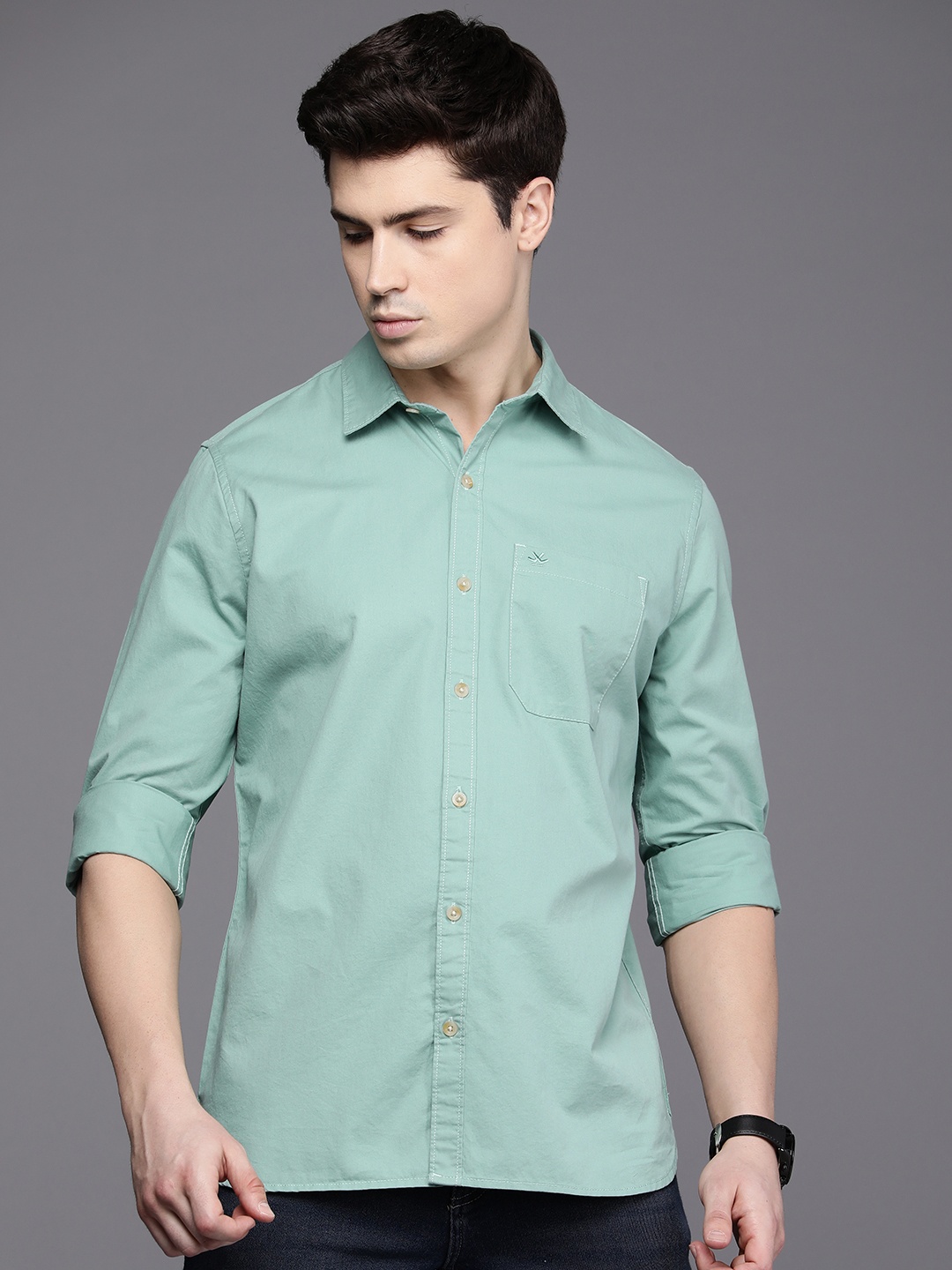 

WROGN Men Pure Cotton Solid Slim Fit Opaque Casual Shirt, Sea green