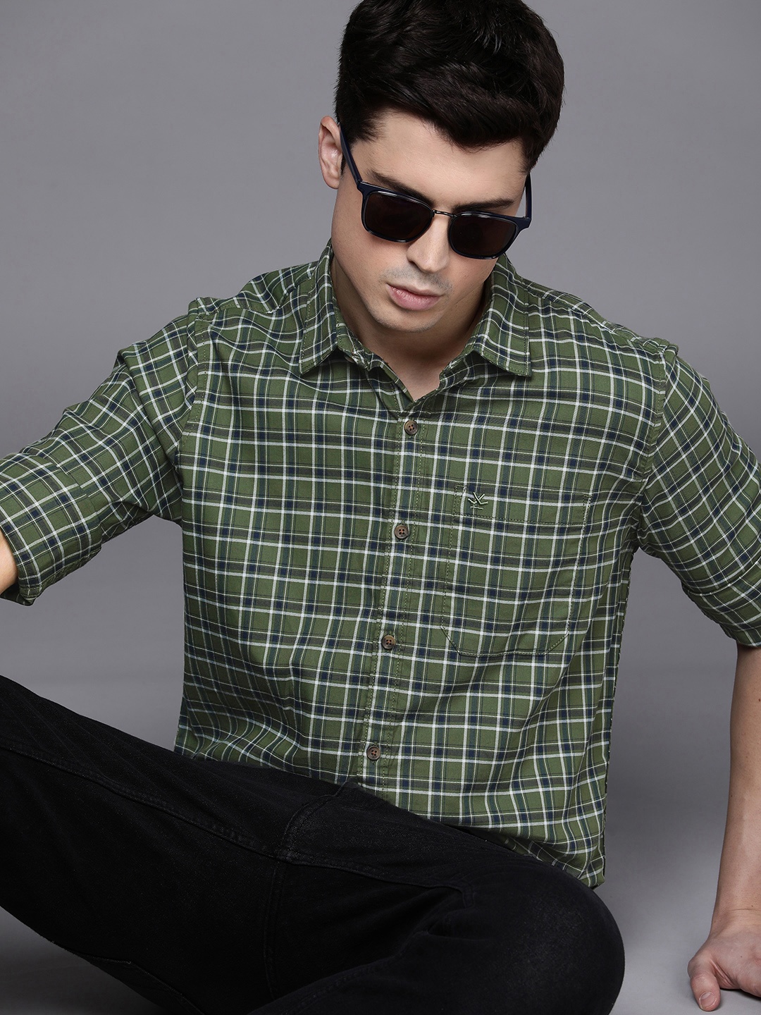 

WROGN Slim Fit Checked Casual Shirt With Chest Pocket, Olive