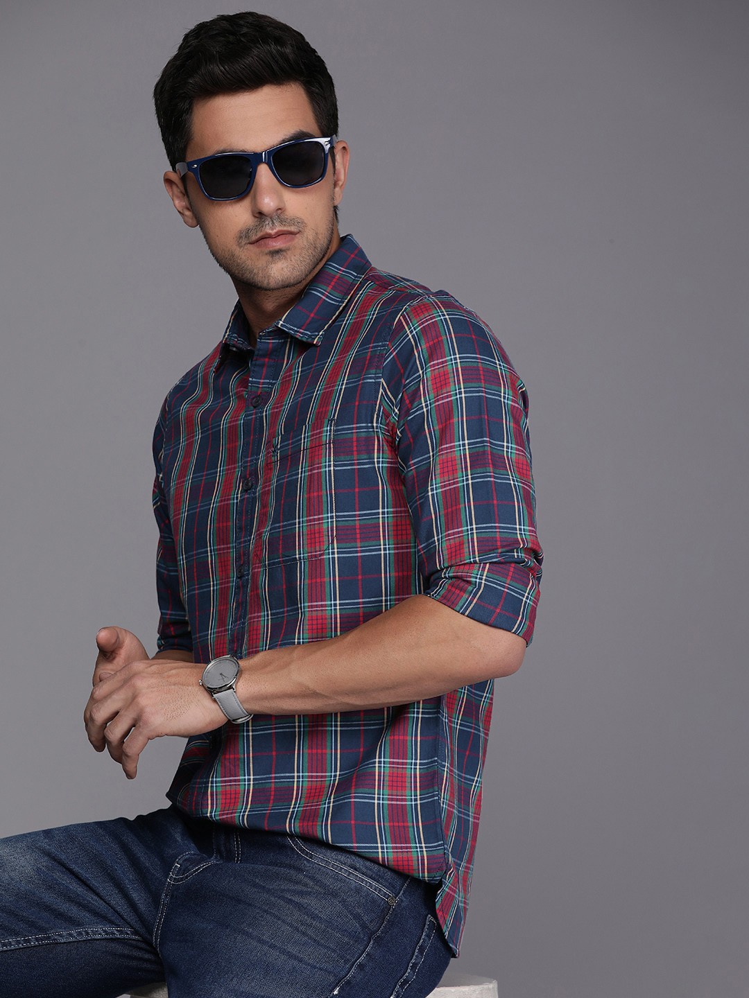

WROGN Tartan Checked Pure Cotton Slim Fit Casual Shirt, Navy blue