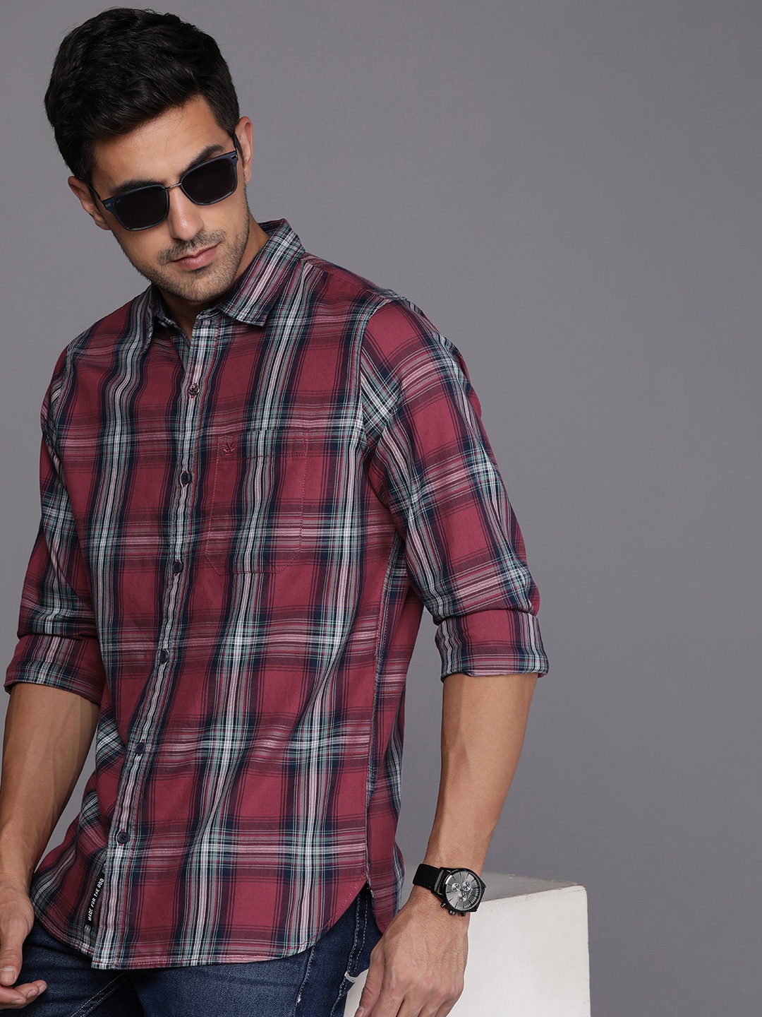 

WROGN Tartan Checked Slim Fit Pure Cotton Casual Shirt, Red