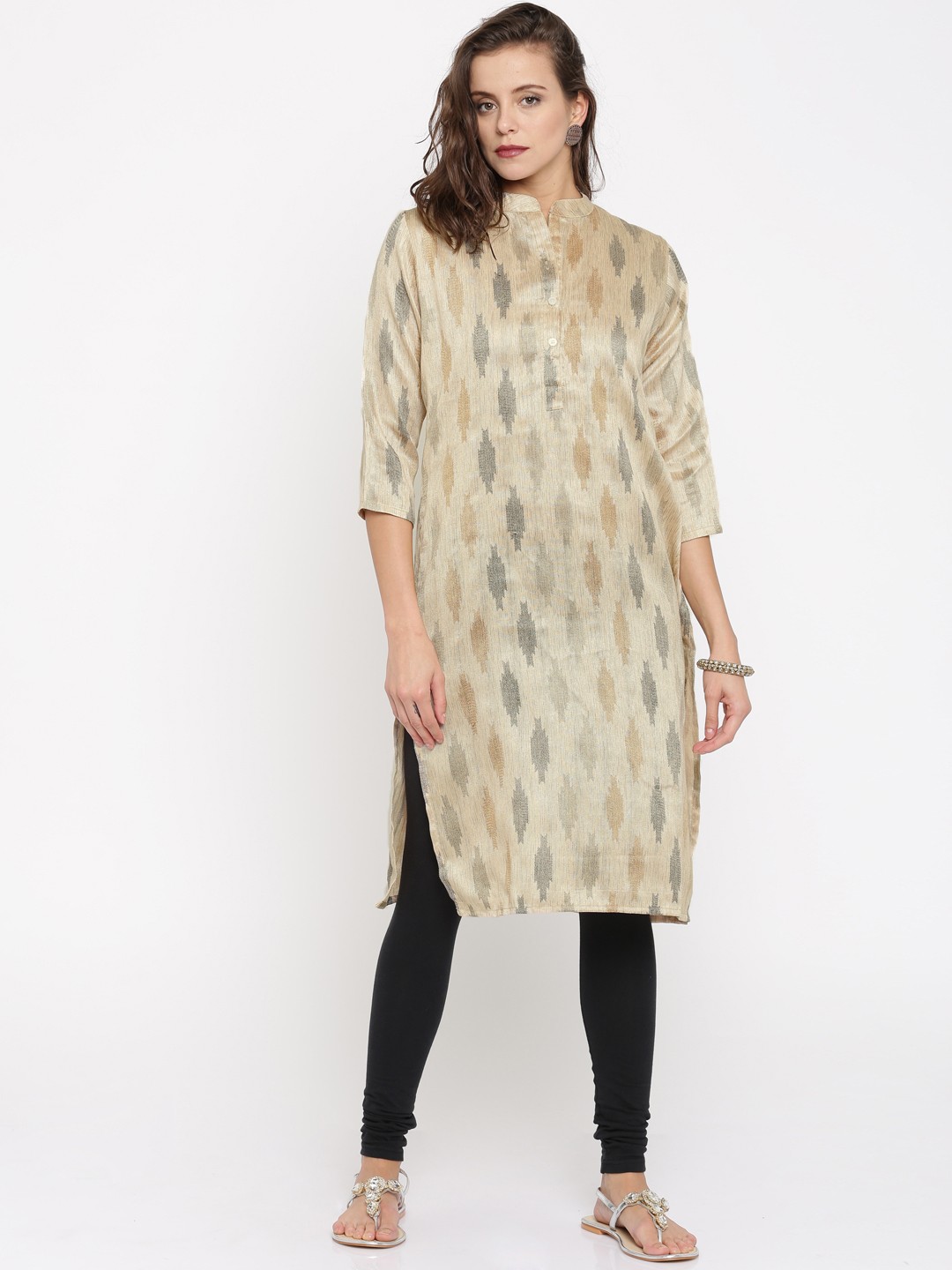 

Jashn Women Beige Woven Design A-Line Kurta