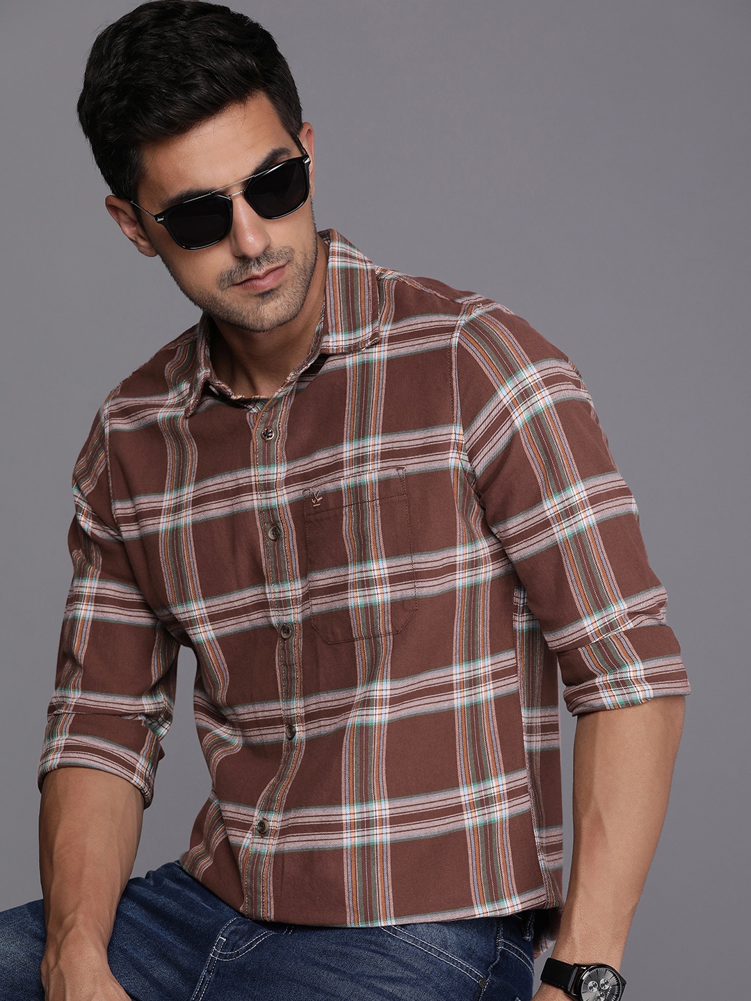 

WROGN Windowpane Checked Slim Fit Pure Cotton Casual Shirt, Brown