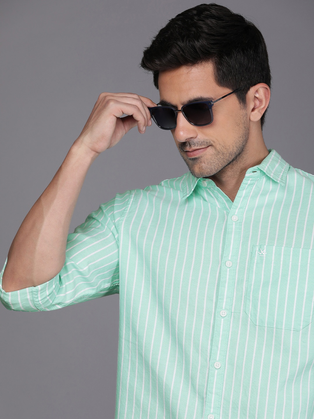 

WROGN Men Slim Fit Striped Pure Cotton Casual Shirt, Green