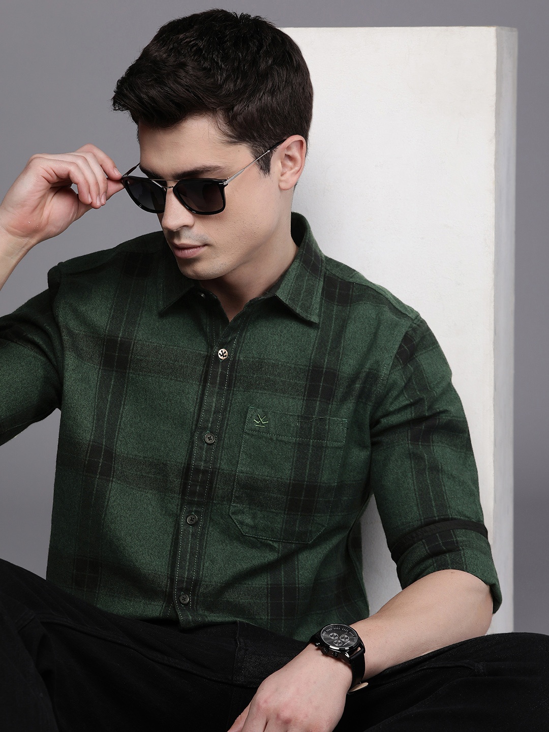 

WROGN Windowpane Checked Pure Cotton Slim Fit Casual Shirt, Green