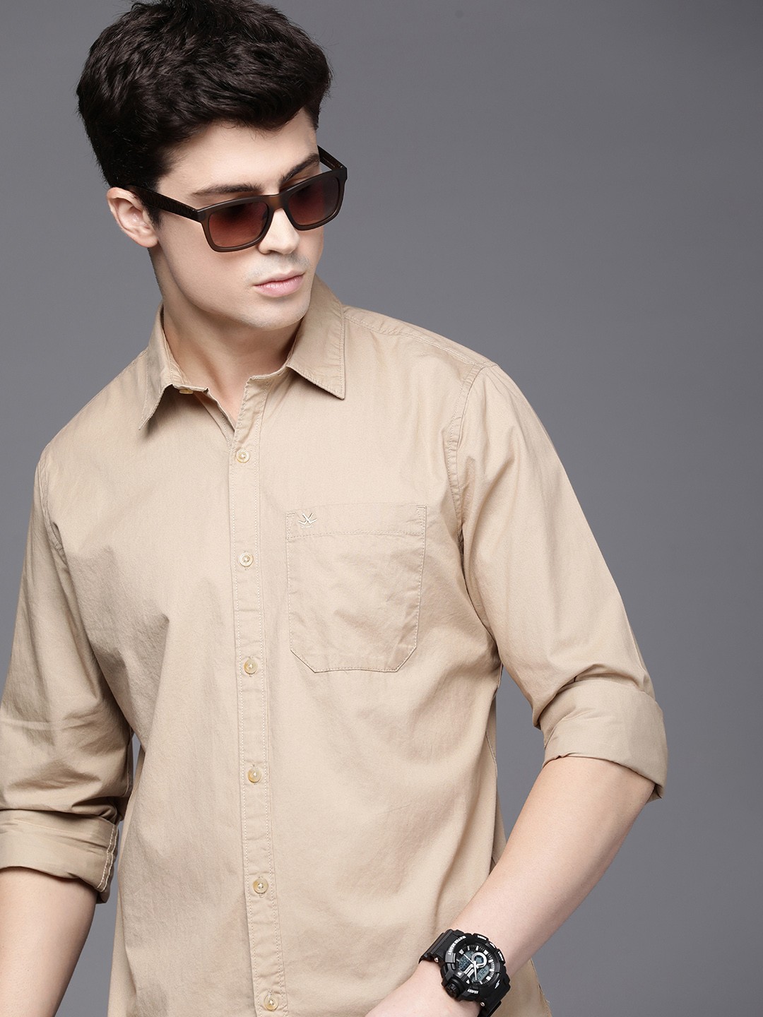 

WROGN Men Pure Cotton Slim Fit Solid Casual Shirt, Khaki