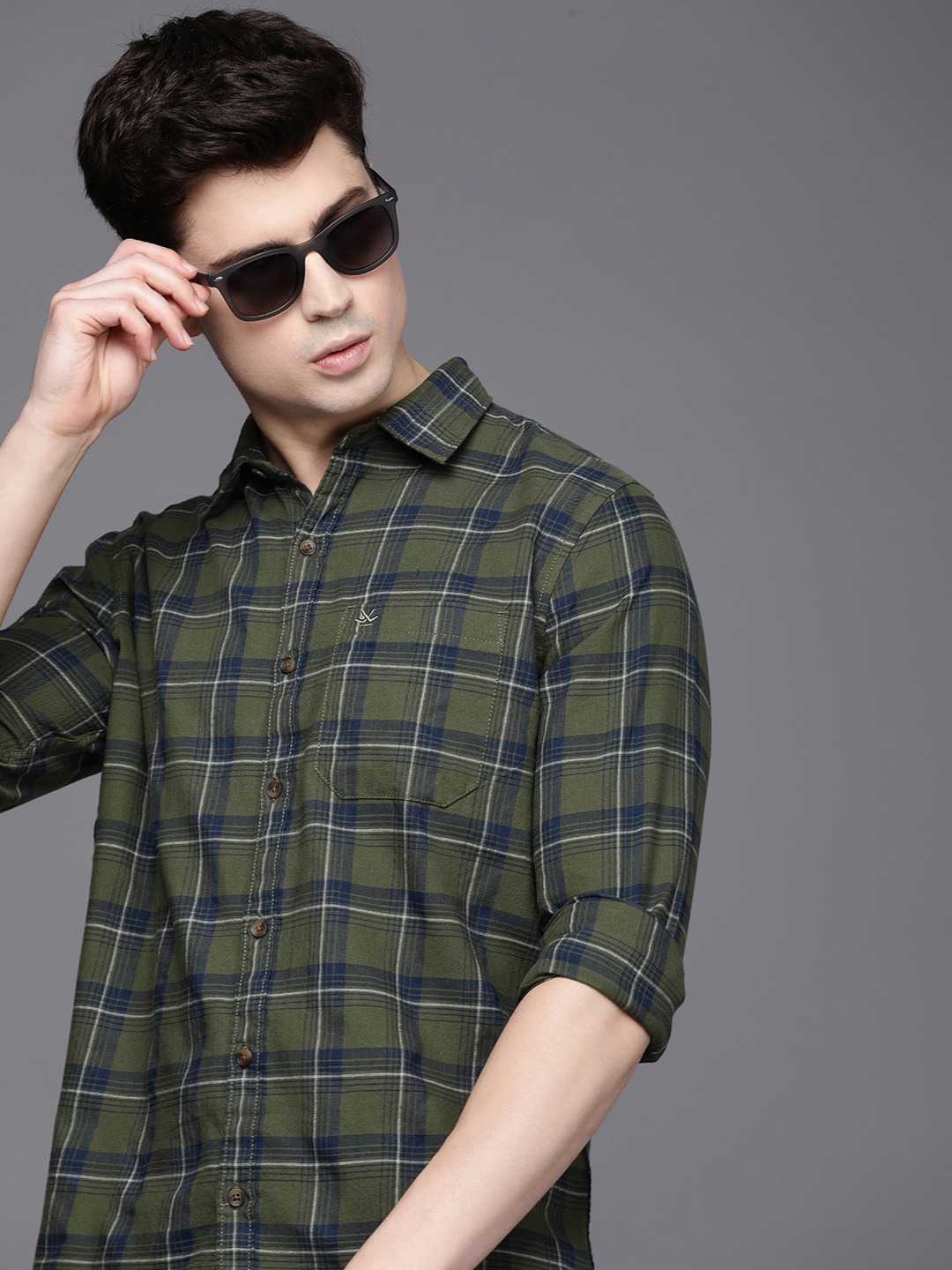 

WROGN Men Slim Fit Tartan Checks Spread Collar Casual Shirt, Olive