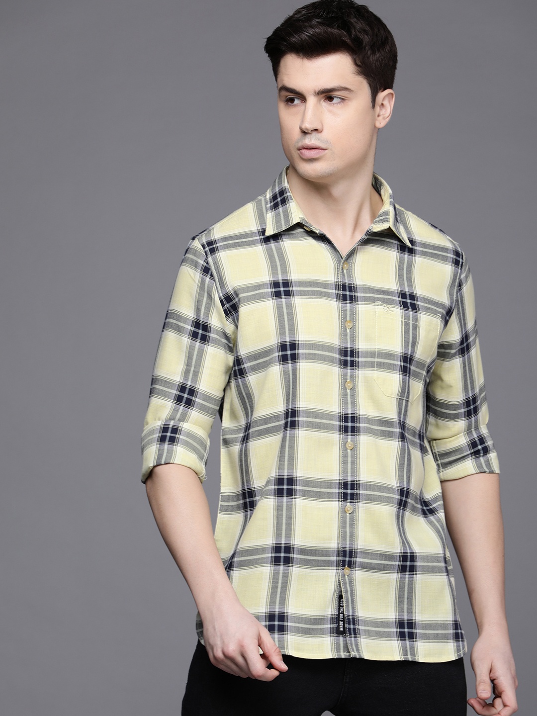 

WROGN Slim Fit Checked Casual Shirt With Chest Pocket, Yellow