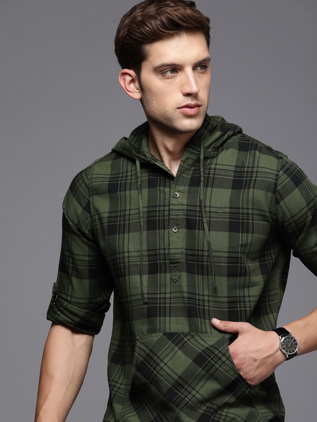 

WROGN Checked Pure Cotton Hooded Casual Shirt, Green