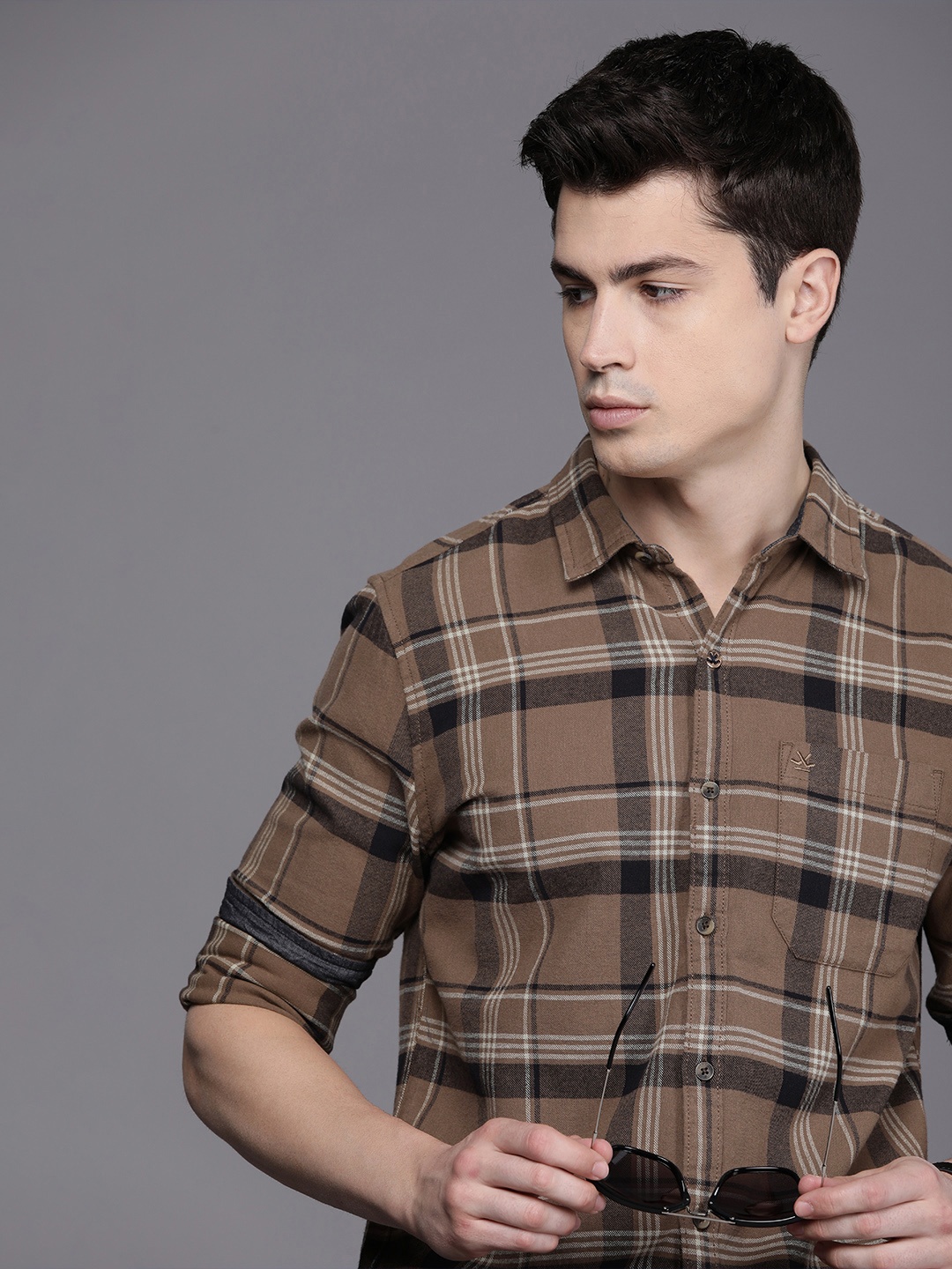 

WROGN Tartan Checked Slim Fit Pure Cotton Casual Shirt, Brown