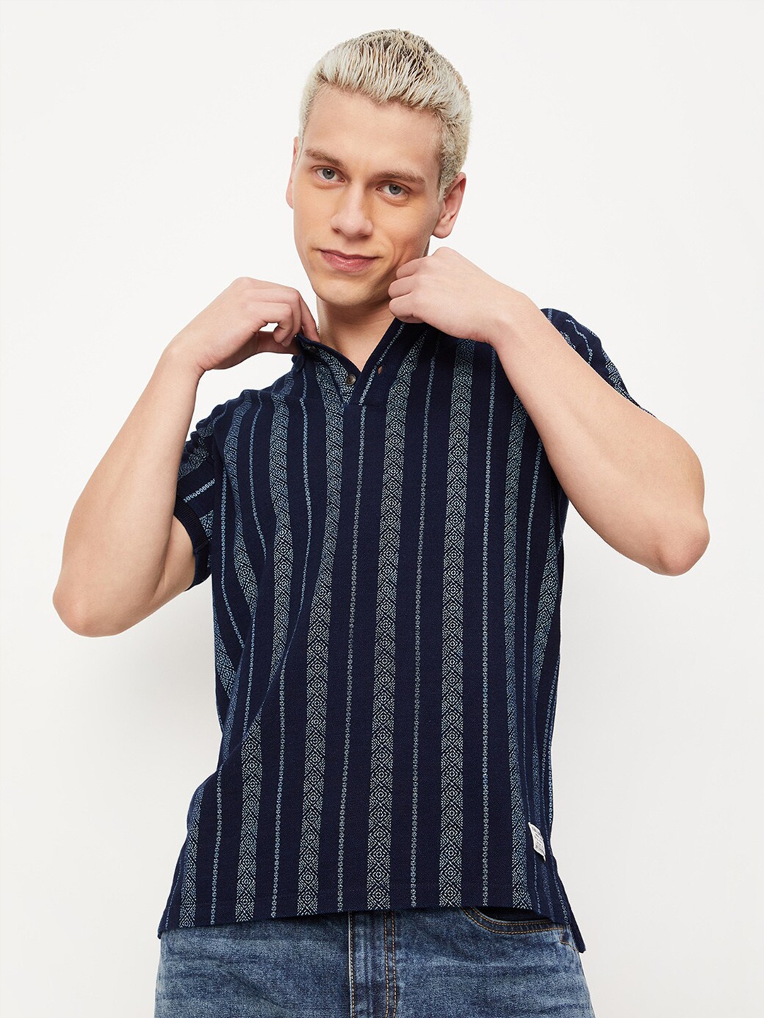 

max Striped Mandarin Collar pure Cotton T-shirt, Navy blue