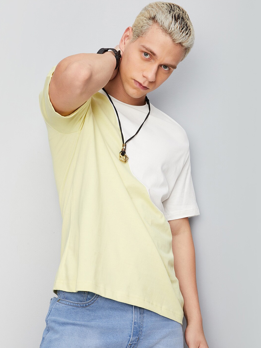 

max Colourblocked Round Neck Pure Cotton Oversize T-shirt, Yellow