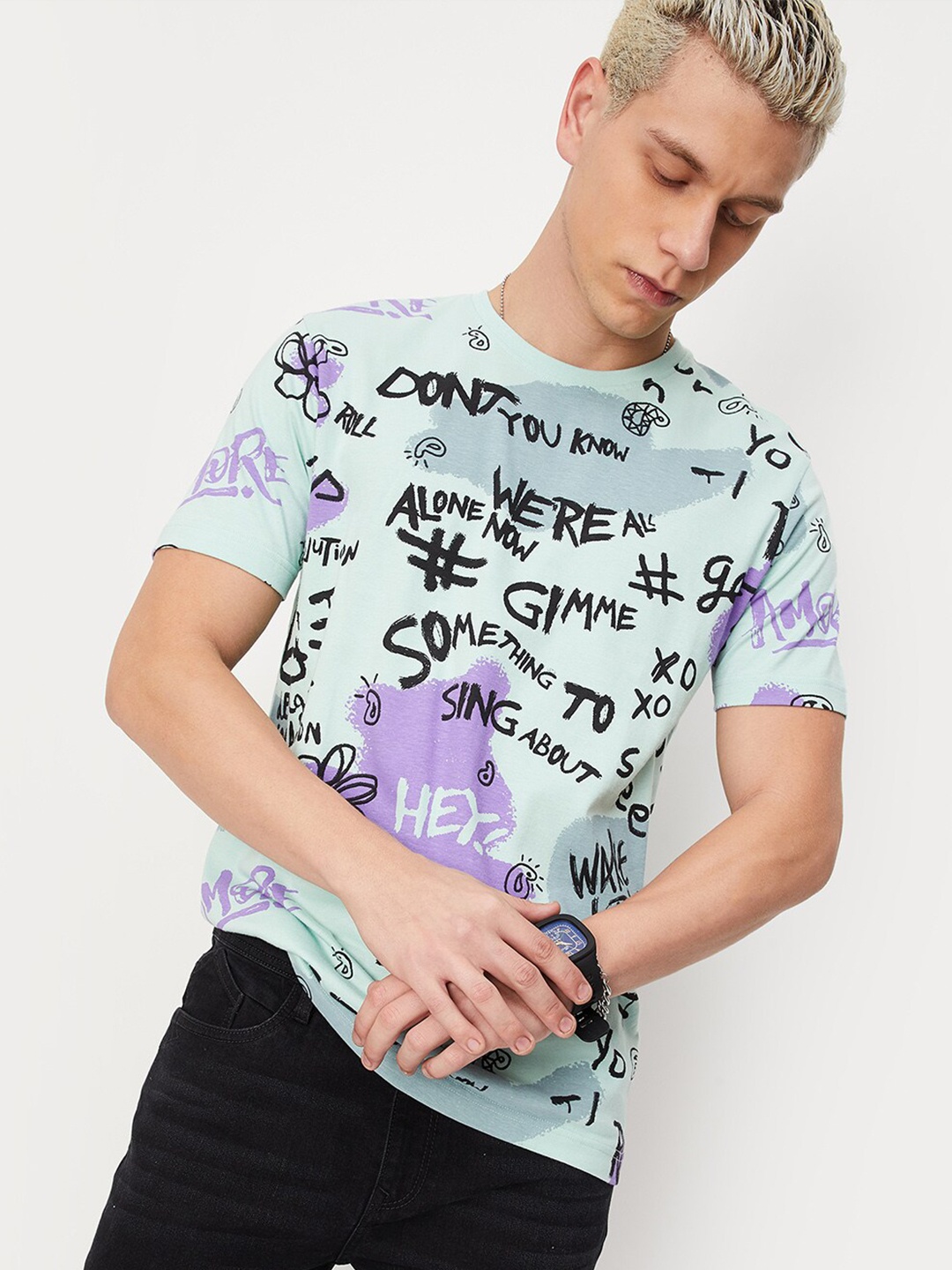 

max Typography Printed Pure Cotton T-shirt, Green