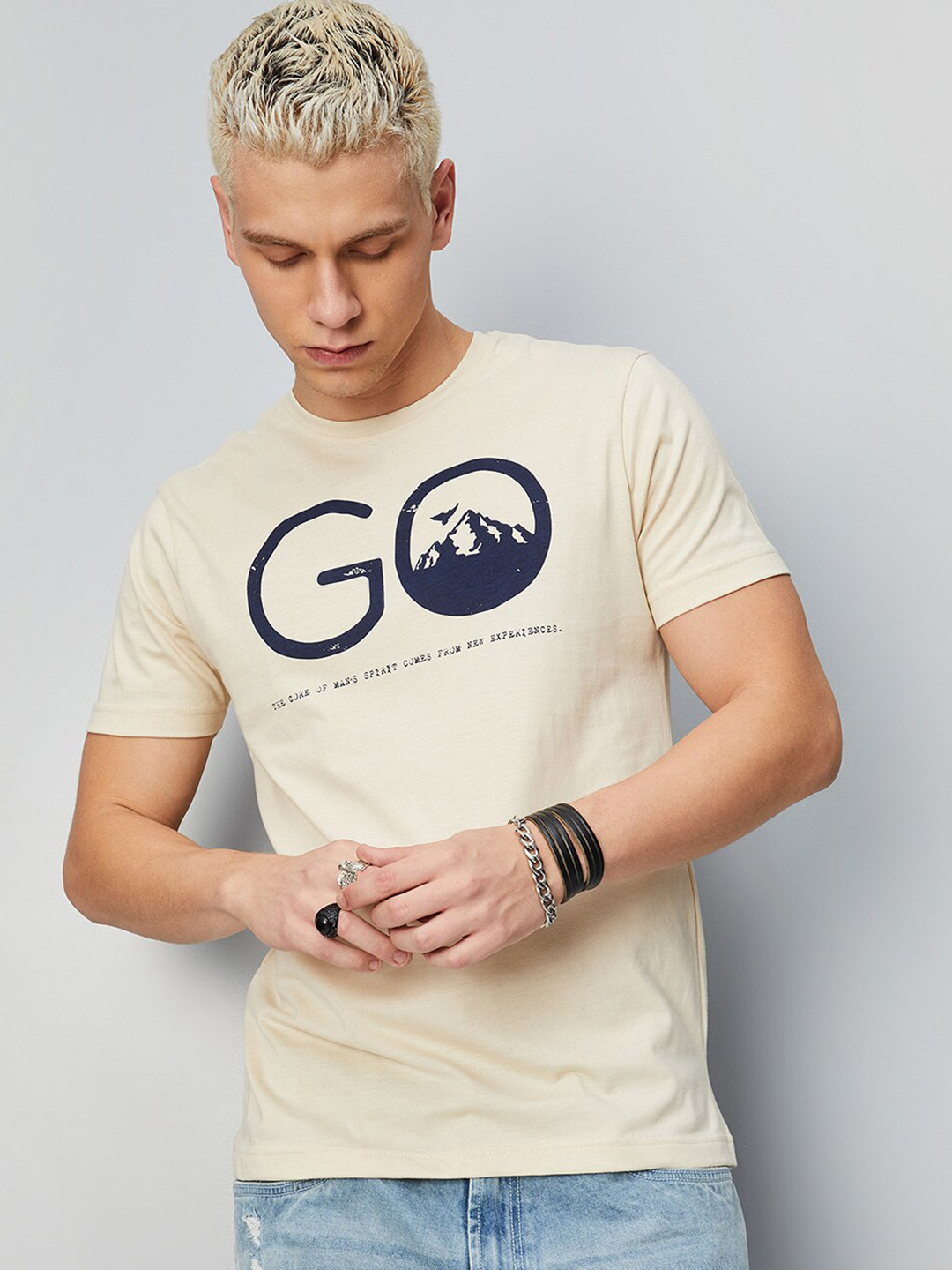 

max Typography Printed Pure Cotton T-shirt, Beige