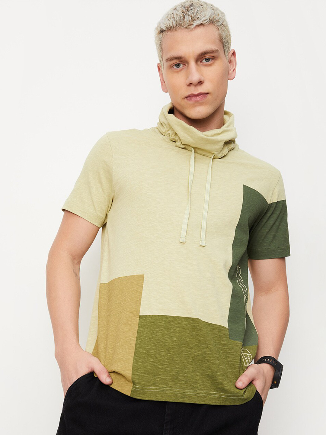 

max Colourblocked Turtle Neck Pure Cotton T-shirt, Olive