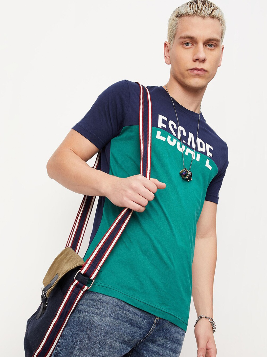 max Typography Printed Pure Cotton T-shirt, Blue