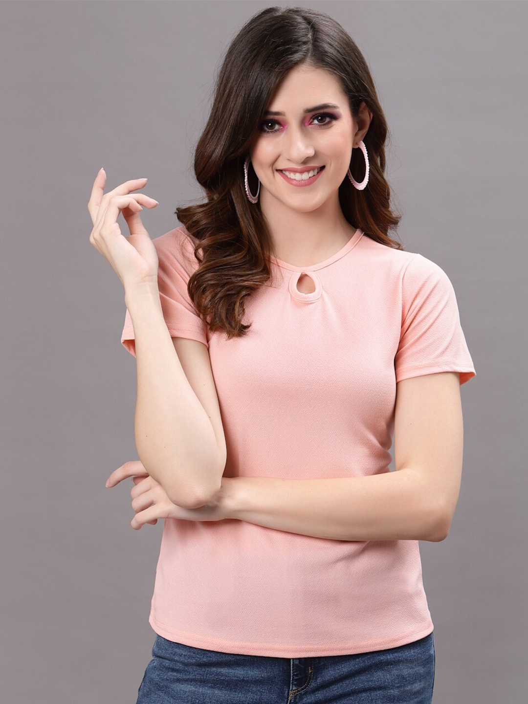 

Selvia Keyhole Neck Regular Top, Peach