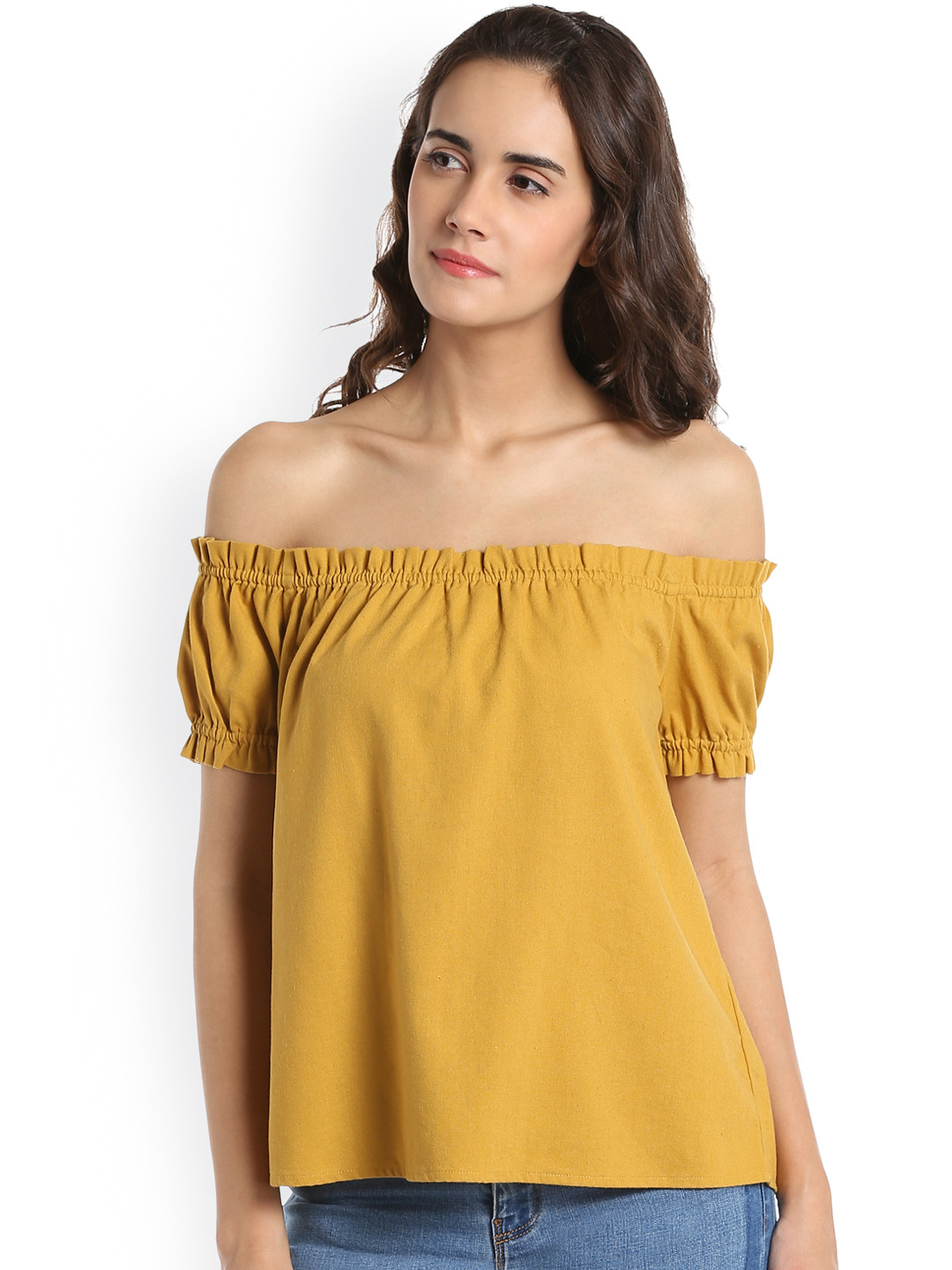 

Vero Moda Women Mustard Yellow Solid Bardot Top