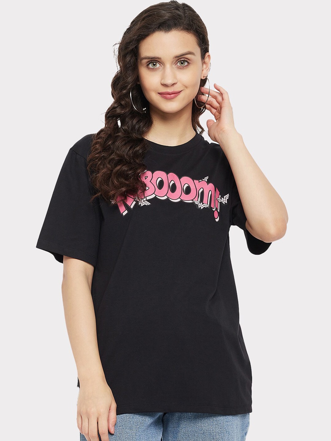 

DC by Wear Your Mind Wonder Woman Typography Printed Pure Cotton Loose Fit T-shirt, Black