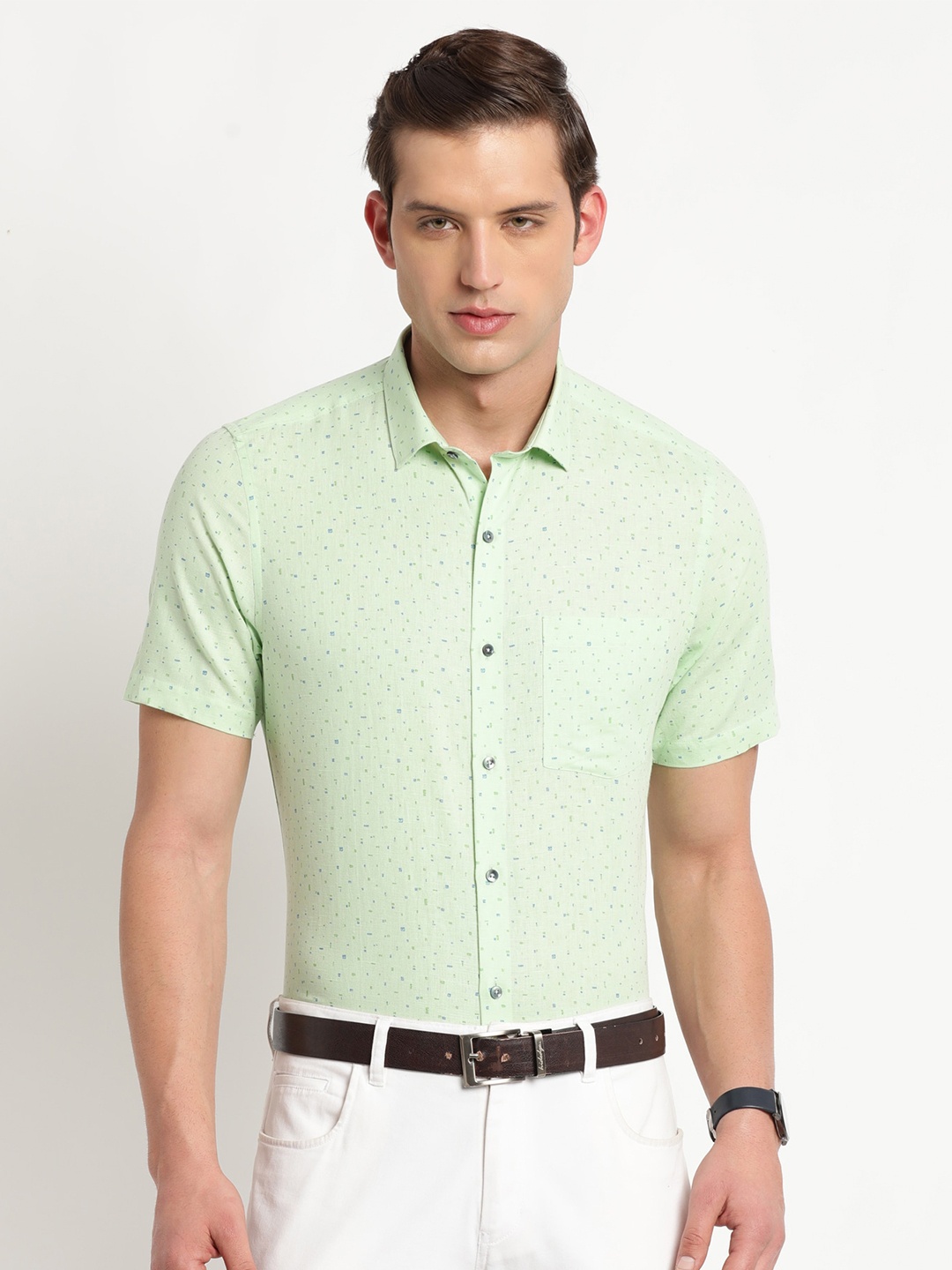 

Turtle Men Modern Micro Ditsy Printed Pure Cotton Formal Shirt, Green