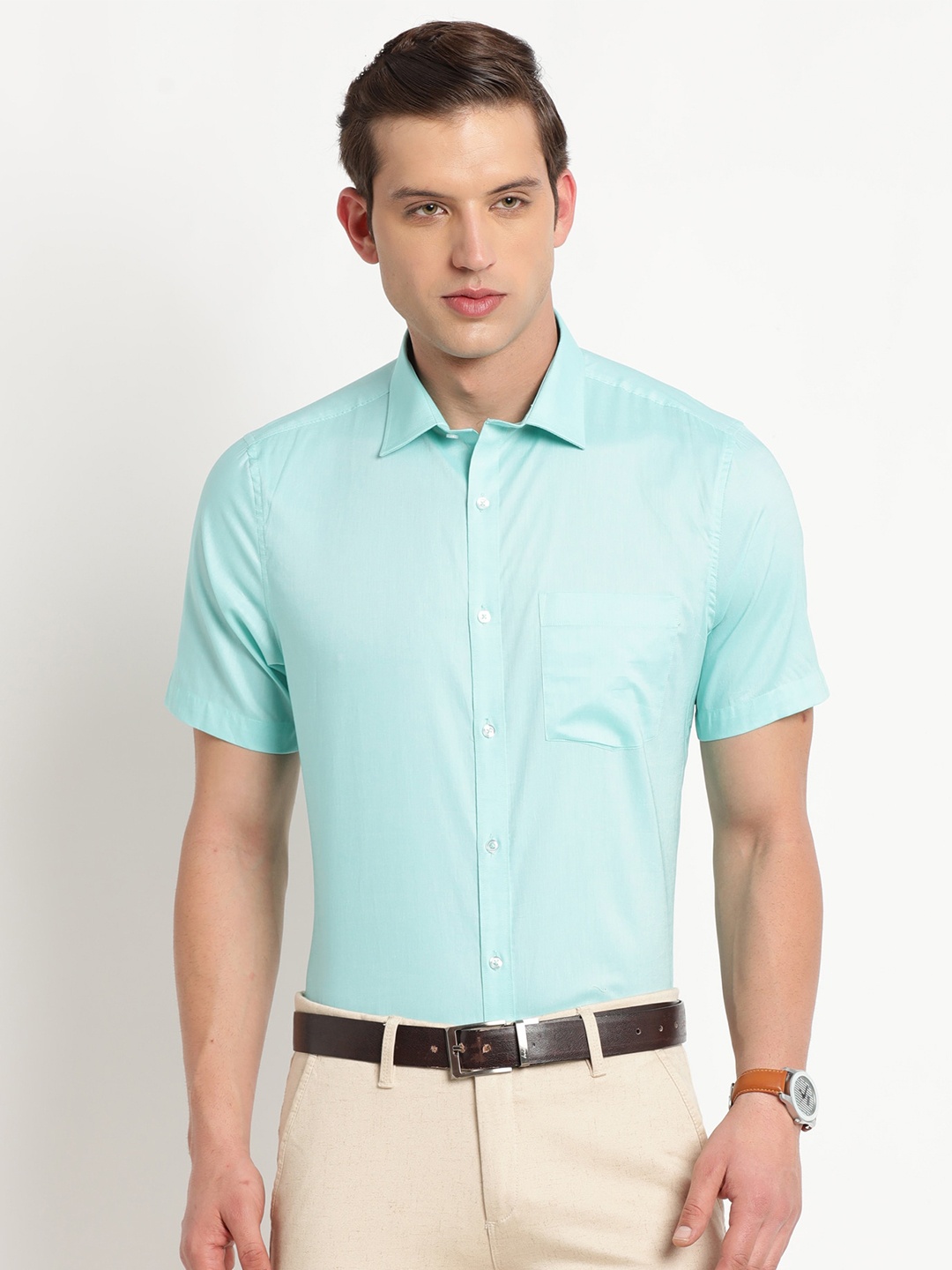 

Turtle Men Modern Spread Collar Pure Cotton Formal Shirt, Sea green