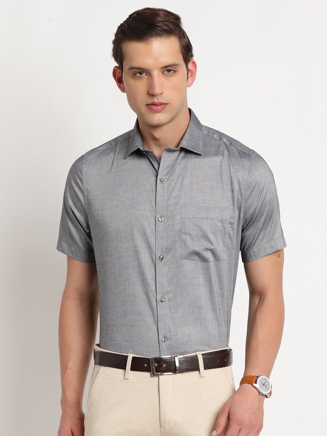 

Turtle Men Modern Spread Collar Pure Cotton Formal Shirt, Grey