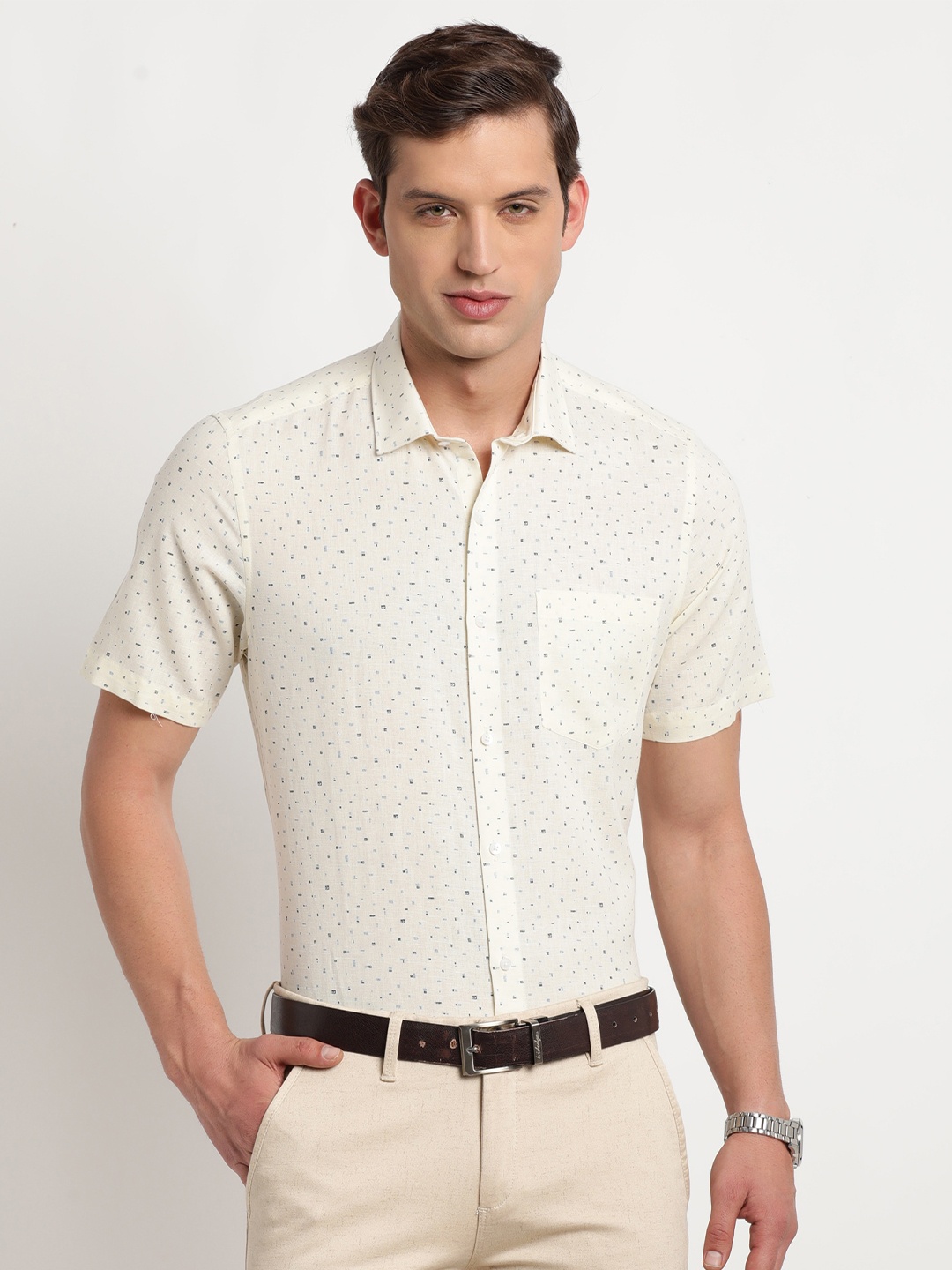 

Turtle Men Modern Printed Formal Cotton Shirt, Cream