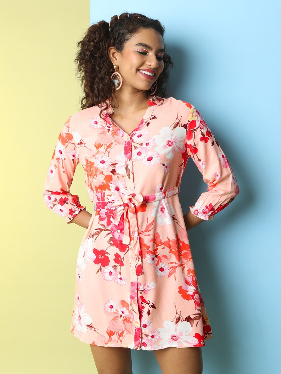 

Freehand by The Indian Garage Co V-Neck Floral A-Line Dress, Peach