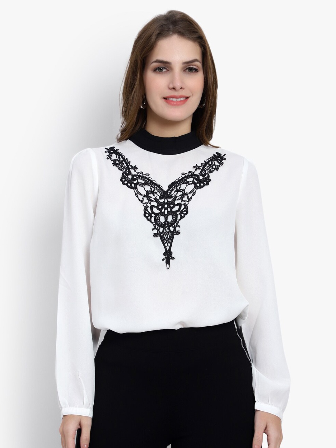 

DRIRO High Neck Lace Applique Regular Top, White