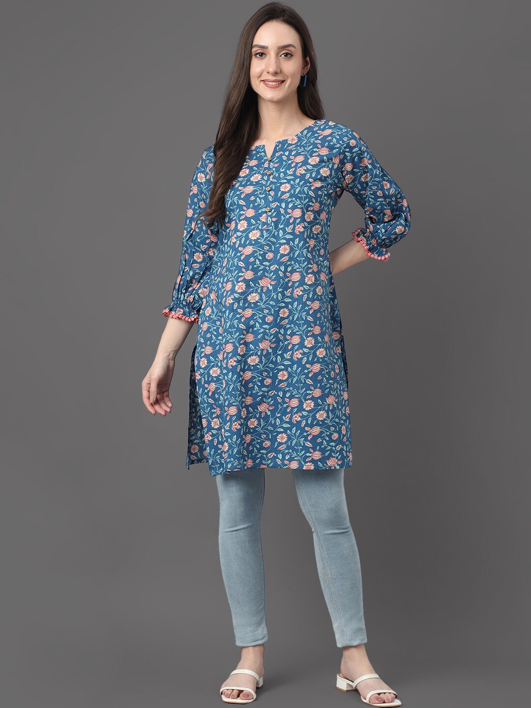 

Janasya Cotton Floral Printed Regular Kurti, Blue