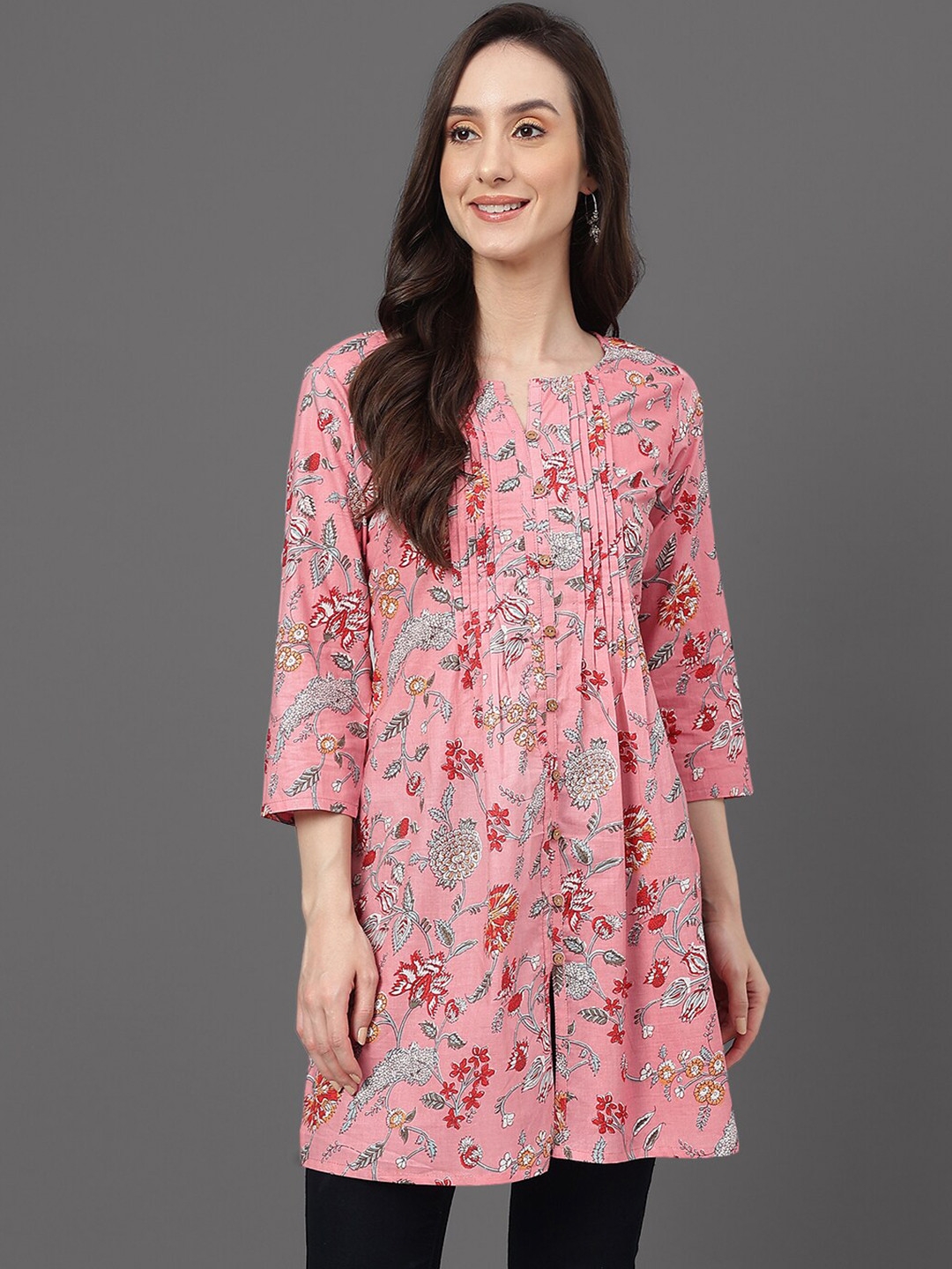 

Janasya Floral Printed Cotton Gathered Kurti, Pink