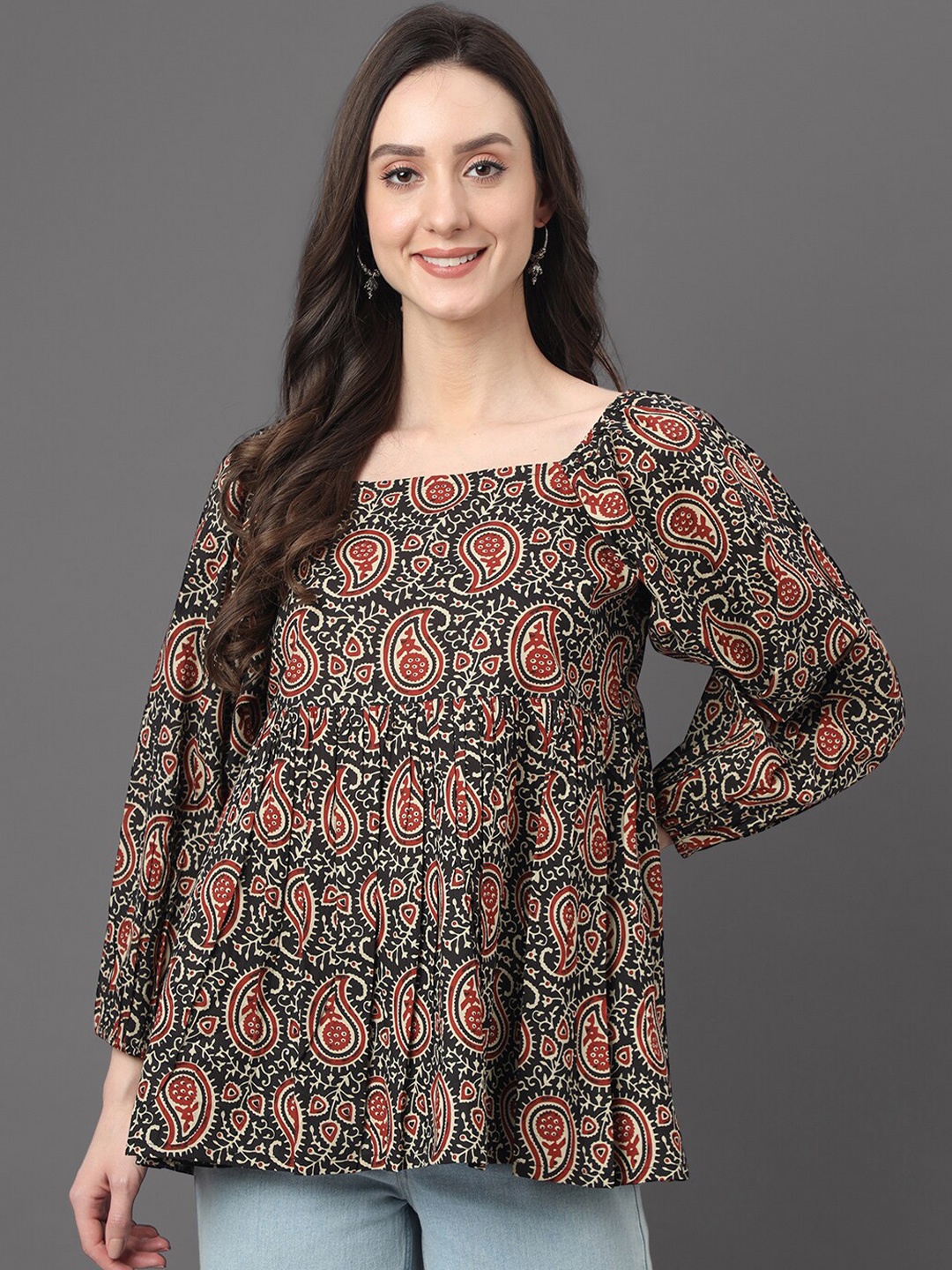 

Janasya Ethnic Motifs Printed Square Neck Cotton A-Line Top, Black