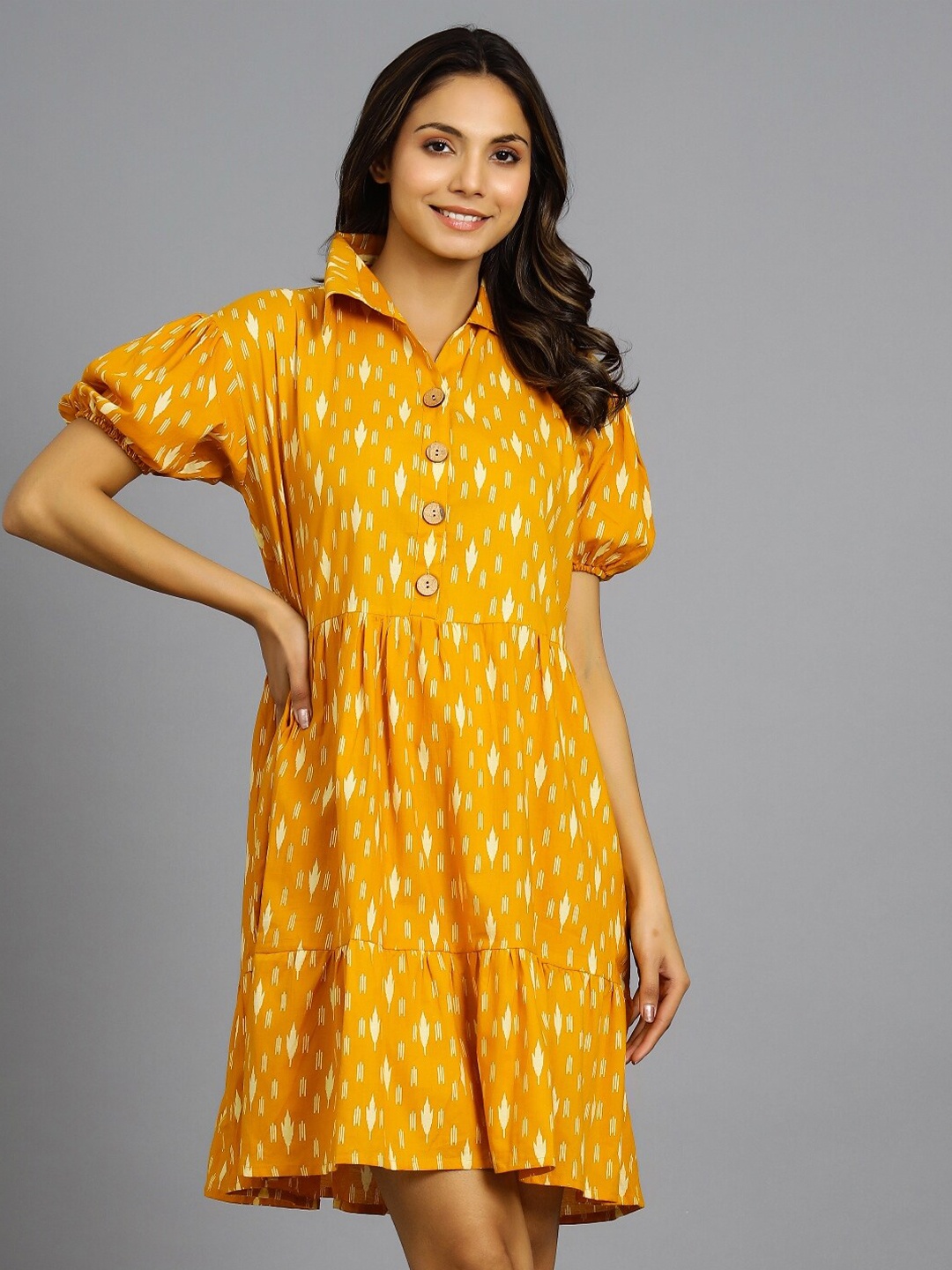 

HANDICRAFT PALACE Geometric Collared Puff Sleeve A-Line Dress, Mustard