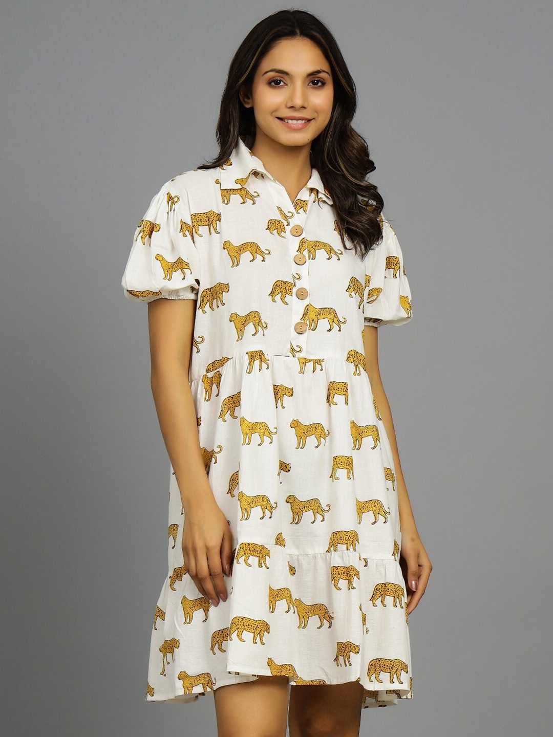 

HANDICRAFT PALACE Tiger Print Collared Puff Sleeve A-Line Dress, White