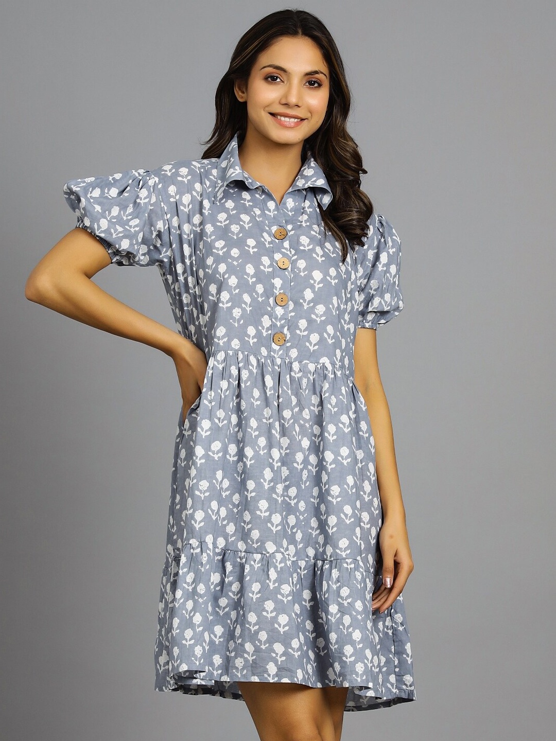 

HANDICRAFT PALACE Floral Collared Puff Sleeve Pure Cotton Dress, Grey